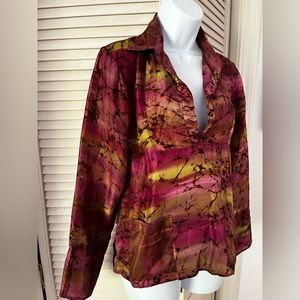 Silk shirt multi hue loose fit split hem & cuffs silk screen effects aubergine
